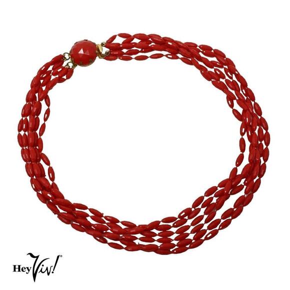 Vintage 1950s 6 Strand Red Faceted Bead Necklace Ornate Clip 20" Long - Hey Viv - Picture 1 of 6